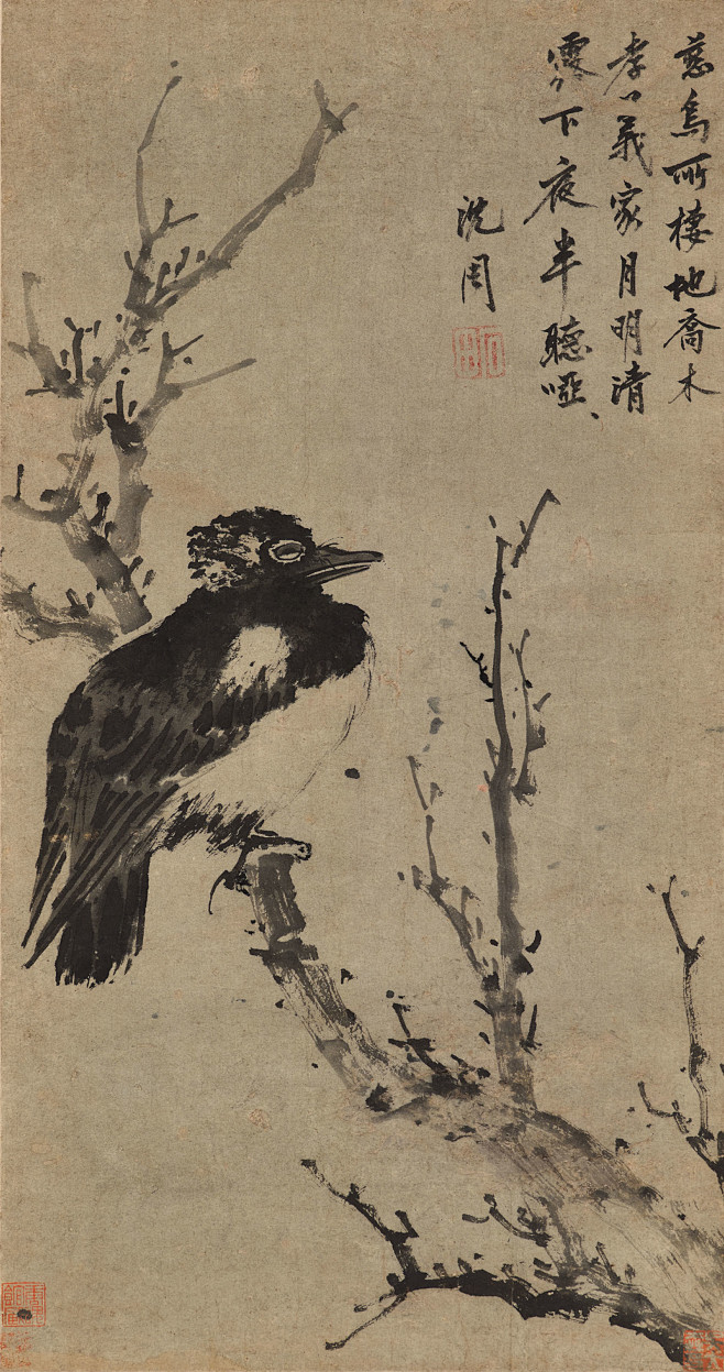沈周——《慈鸟图》【慈鸟所栖地，乔木孝义家。月明霜露下，夜丰睡哑哑】花鸟立轴高清欣赏 | 明|沈周(1427～1509)字启南，号石田、白石翁 ...