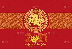新春快乐牛年生肖，以金色剪纸艺术和工艺风格的彩色背景贺卡，传单，海报