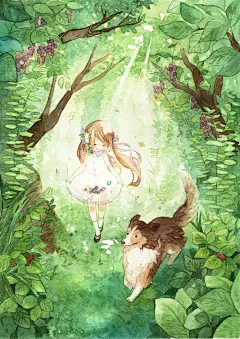 萌物 可爱 水粉画 水彩  动物 小狗 女孩