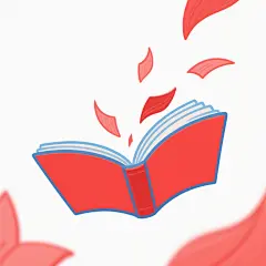 一本打开的书籍，书页呈现出鲜艳的红色，书页边缘有蓝色的轮廓线，有几片红色的书页从书中飞出，悬浮在空中，白色背景，整体呈现出简洁的插画风格，色彩鲜明，线条流畅，具有童话般的梦幻感。