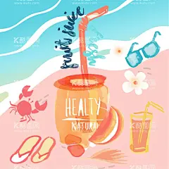 手绘清新夏季海边元素  - 源文件下载【酷图网】手绘卡通,清新夏季,水彩,海边,热带元素,饮料,拖鞋,吸管,沙滩,阳光,眼镜,比基尼,螃蟹,海星,水上,乐园,夏季出游,冰块,手绘插画,夏季元素,夏季插画,抽象插画,