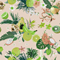 Seamless retro pattern with tropical fruits and flowers. banana, orange, lemon, pineapple, dragon fruit background for textile, fashion texture, wallpaper in vector