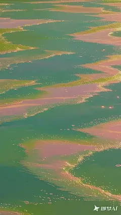 水面的特写，粉红和绿色的河流，中间还有闪烁的金灿灿水流，波光粼粼的波浪拍打着它，还有五颜六色的倒影。这个场景充满了梦幻般的色彩和模糊的背景。大景深以高分辨率突出细节。柔和的灯光创建柔和的阴影，突出纹理