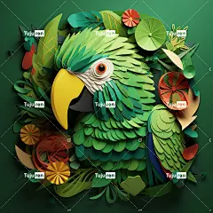绿叶鹦鹉杂志封面，素描风格，纸雕
