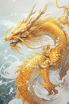 金龙冰面云雨，中国龙它有三爪金黄色 金色鳞片闪闪发光海报