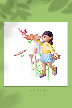 立春立体可爱少女踏青赏花喂鸟-众图网