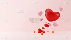 情人节快乐的背景。装饰喜庆的红色礼盒、心形和爱心文字气球、贺卡。假日旗帜设计。三维演示