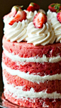 Made from Scratch Strawberries & Cream Cake ~ This cake is super moist, dense, and VERY full of fresh strawberry flavor. Slightly sweetened cream is sandwiched between each layer and then piped to high heaven on top.: 