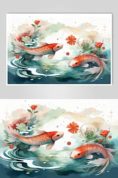 AI数字艺术国潮锦鲤山水建筑元素插画