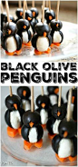 Simple Olive Penguins made with black olives, mozzarella balls, and carrots, are adorable and make a fun appetizer! | Persnickety Plates