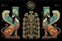 动漫彩绘：神奇的有翅膀的狮子坐在圣树旁。亚述神话中的人物。在黑色背景上孤立的向量图. 