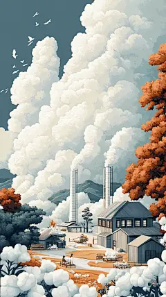 手绘棉花云朵风景插画