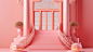 Pink background e-commerce poster with French art style, with a platform in the middle and no obstacles c4d octane render