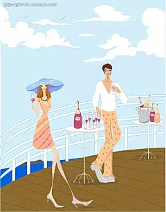 游轮喝酒的男女人物插画AI|绘画设计|角色|卡通人物|卡通人物图片|漫画人物|人物插画|人物素材|人物图片|矢量人物|矢量图|手绘人物|水彩