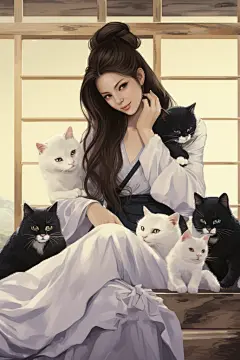 小女孩与可爱小猫合照萌宠插画