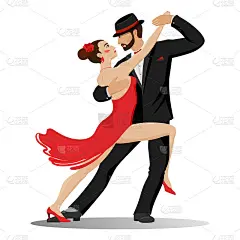 图文配色，其中一对热恋中的情侣，卡通男女，跳探戈。豪华矢量插图，孤立在白色背景。