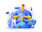 Barber haircut dialogue alopecia modelling programmer barber shop bright ui web illustration man blue