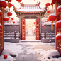 Cartoon blind box style, Spring Festival, simple Chinese gate, door wall, snowman, snow, fireworks, gold coins, lanterns, red envelopes, firecrackers, Spring Festival atmosphere, C4D modeling, OC rendering