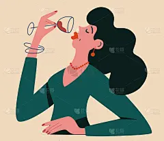 年轻漂亮的姑娘在喝酒。拿着一杯红酒的女人。咖啡馆、餐馆、明信片和海报。卡通平面矢量插图孤立在白色背景