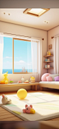 Cozy interior, sunshine, sea outside the window, wooden floor, plush carpet