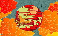 红色卡通手绘仙鹤插画背景设计