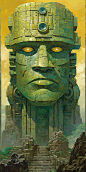 an ancient stone Colossus with an eye, in the style of stephan martinière, dark yellow and light emerald, color zone painting, denis sarazhin, dark emerald and silver, robotic expressionism, emphasis on detail