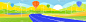 色彩鲜艳的山景插图。气球在高速公路上飞过。白色轮廓上的彩色波浪形背景。矢量设计艺术
