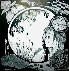 黑白装饰画免抠素材_新图网 https://ixintu.com 女孩 插画 装饰图案 黑白