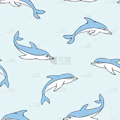 重复矢量图案与卡通海豚在浅蓝色的背景。简单的水下壁纸设计。装饰快乐鱼时尚纺织品。