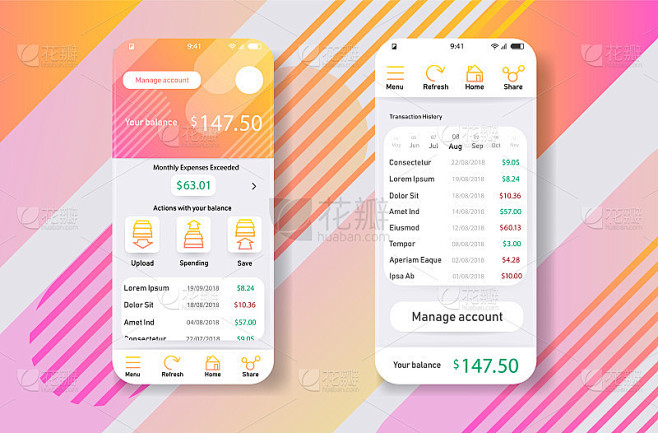 智能手机widjet手机应用用户界面设计财务理财应用。UI, UX, GUI web风格，简约的平面