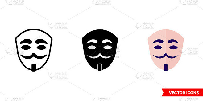 匿名遮罩图标有三种颜色、黑白、轮廓。孤立向量符号符号