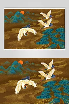 绿金清新高端大气中式烫金风景插画