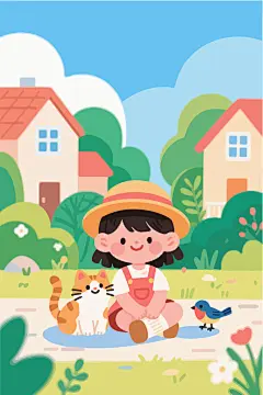女孩与猫咪小鸟插画