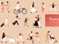 扁平插画人物男性女性跳舞、骑自行车、行走逛街、运动、看手机、旅行、跑步、遛狗、推轮椅等合集
