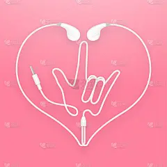 耳机，耳塞型白色和我爱你手手语心形框架由电缆隔离在粉红色渐变背景，有拷贝空间