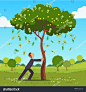 Businessman shaking tall cash tree with dollar banknotes & golden coins. Money flying down falling on ground. Successful man business project investment income concept. Flat style vector illustration. - 站酷海洛正版图片, 视频, 音乐素材交易平台 - Shutterstock中国独家合作伙伴 - 