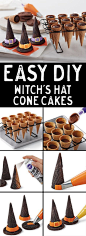 How to Make Halloween Witch Hat Cupcake Cones - Create these cute bewitching cone hats for your Halloween celebration! Easy to make and decorate, these sweet treats are sure to be enjoyed by kids and adults alike.