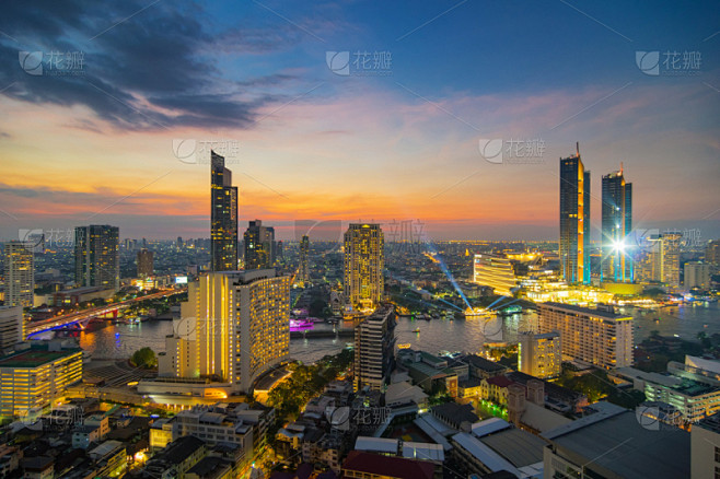 城市天际线,曼谷,商务,照明设备,曙暮光...