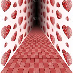 股票插图-情人空背景与地板和墙壁，3D插图，红心在墙上，红色格子瓷砖地板，所有在3D透视。