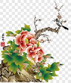 卡通手绘花开富贵牡丹喜鹊装饰图案PNG图片 来自PNG搜索网 pngss.com 免费免扣png素材下载！