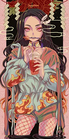 索尼娅·穆恩数字艺术镰户根津子Kimetsu no Yaiba插图艺术站肖像动漫女孩日本动画片涂指甲亚洲人黑发