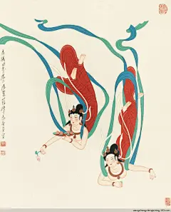 【潘絜兹工笔画《飞天》作品欣赏】
—— （1915.9-2002.8），当代著名工笔人物画家。原名昌邦，浙江宣平人。1932年入北京京华美术学院，师事吴光宇、徐燕孙，专攻工笔重彩人物画。1937年入伍，1945年到国立敦煌艺术研究所从事古代壁画的临摹研究工作。曾任台湾台北民众教育馆艺术部主任，后得于右任先生资助，从事敦煌艺术研究。历任中国历史博物馆美术组组长，《美术》月刊编辑，《中国画》主编， 北京画院专业画师及艺术委员会副主任，北京工笔画会会长，中国美术家协会北京分会副主席。代表作品《石窟艺术的创造者》