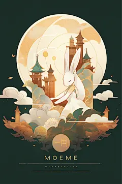 数字艺术中国风中秋节月亮兔子插画元素