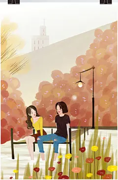 简约手绘橙红色唯美风秋季人物插画