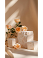 Product background in a podium display of rose flowers in a light beige tone with sunlight and shadow. Three stone blocks in a minimalist style with high resolution photography showing high detail. The natural lighting creates an ultra realistic and super