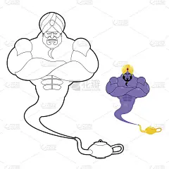 精灵和魔灯着色书。戴头巾的壮汉。