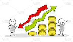 手绘卡通人物展示业务图表与硬币堆叠。向量。