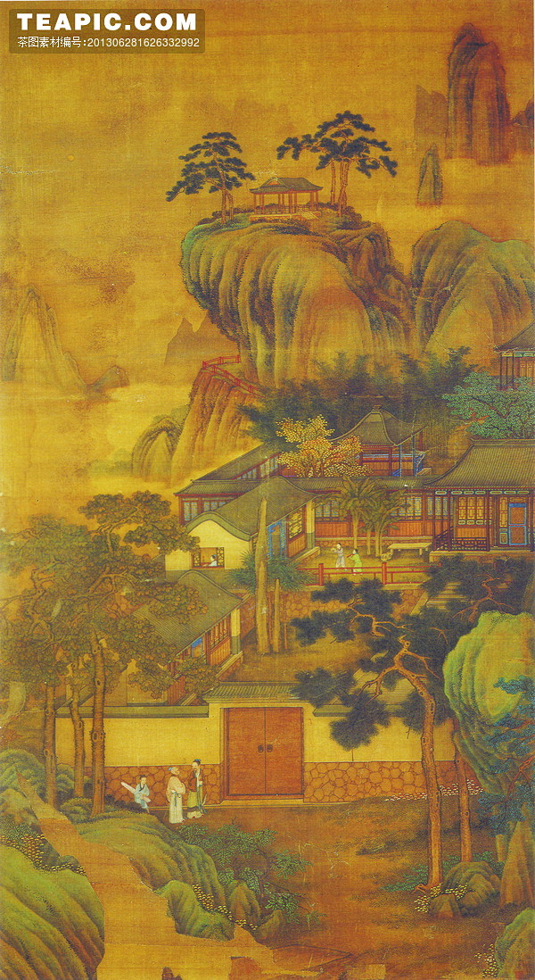 古画高山上的亭子和山下的古代庭院