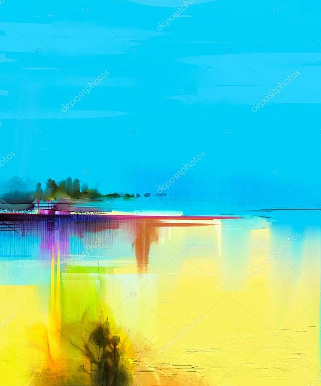抽象多彩油画风景在画布上。半抽象的树和黄...