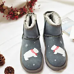 瓶子绿珠新款手绘雪地靴短筒深灰加厚大白熊可爱冬季日系女鞋学院